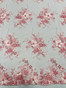3D Flower Sequins Design - Pink - Embroidered Pearl Sequins Floral Clusters Lace Fabric By Yard