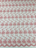 Embroidered Flower Fabric - Pink - Floral Design Scalloped Border Fabric By Yard