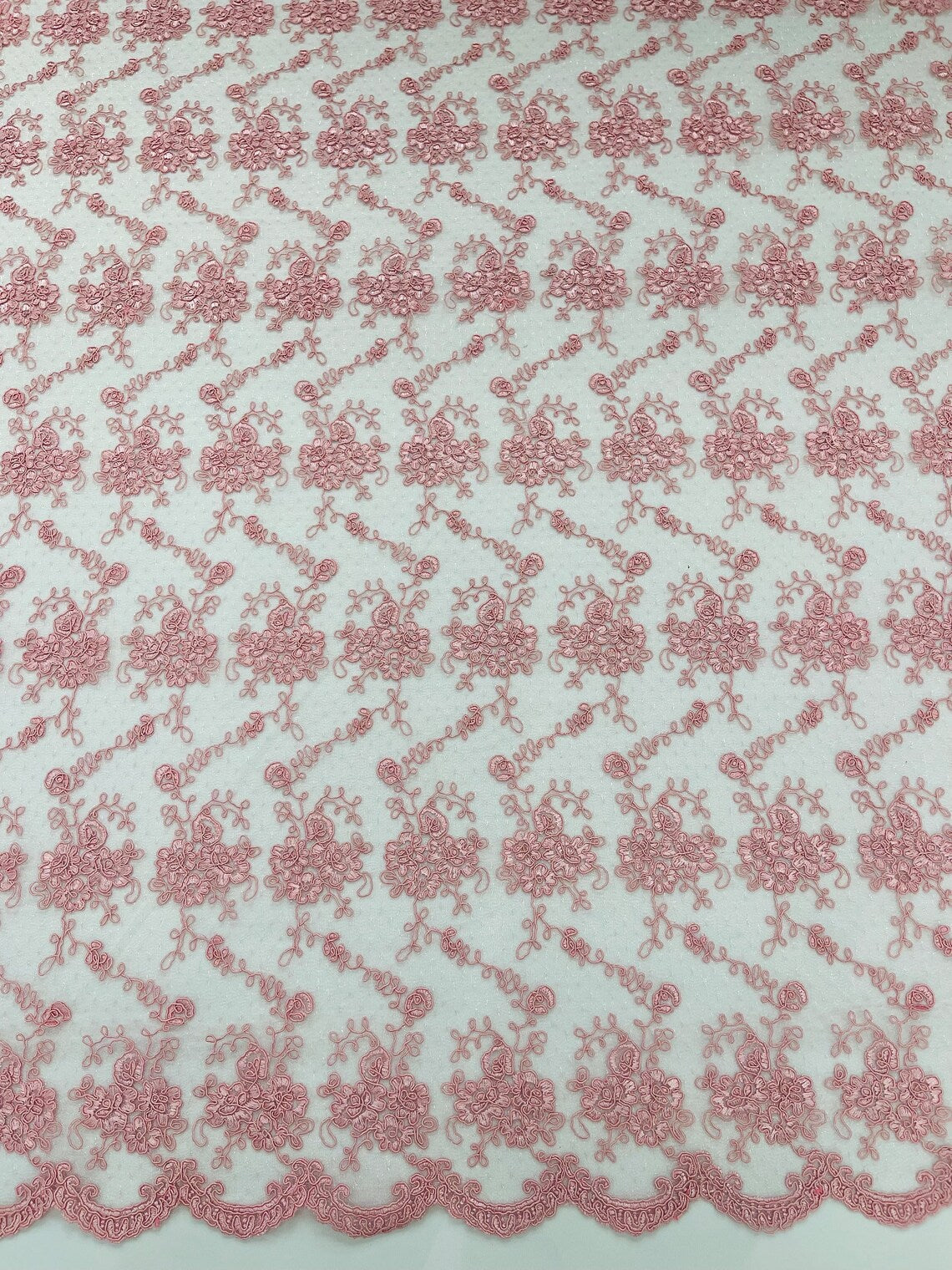 Embroidered Flower Fabric - Pink - Floral Design Scalloped Border Fabric By Yard