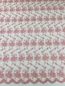 Embroidered Flower Fabric - Pink - Floral Design Scalloped Border Fabric By Yard