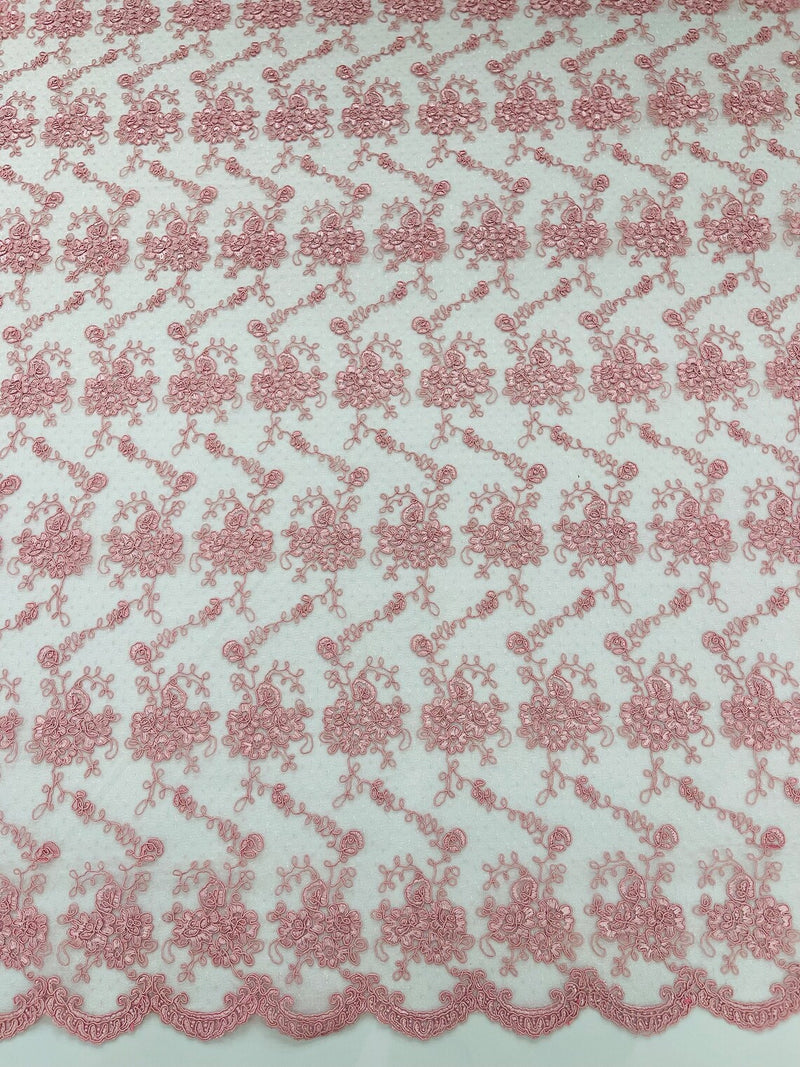 Embroidered Flower Fabric - Pink - Floral Design Scalloped Border Fabric By Yard