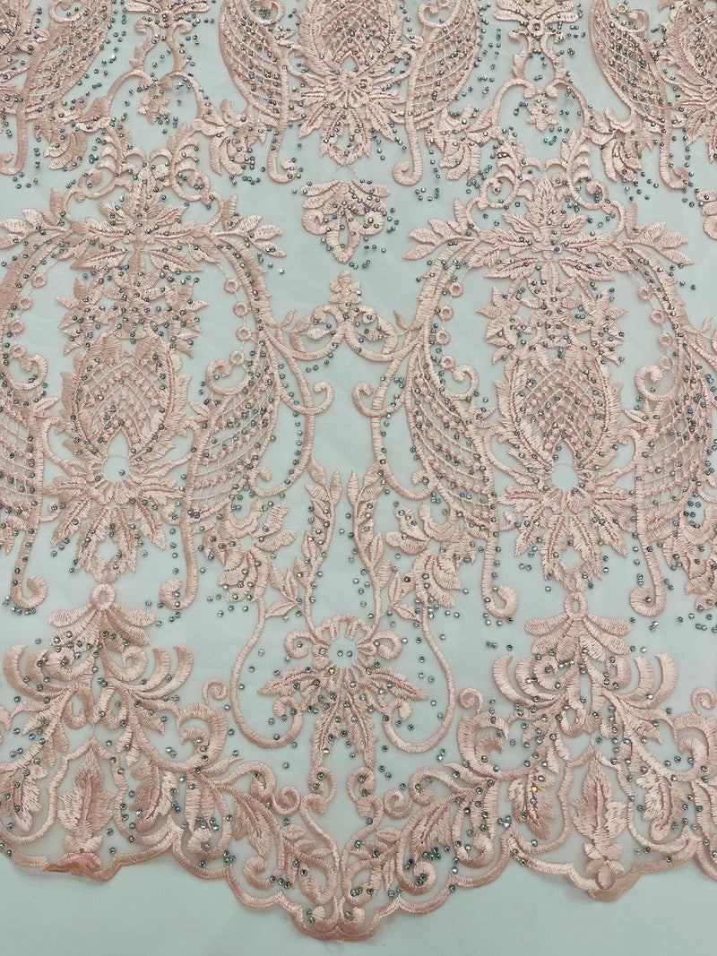 Damask Rhinestone Fabric - Pink - Beaded Embroidery Corded Lace Fabric Sold by Yard