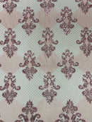 King Damask Design Fabric - Pink - Embroidered Corded Mesh Lace Fabric with Sequins By Yard