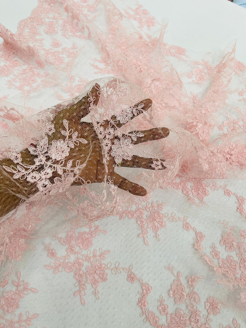 Embroidered Corded Lace Fabric - Pink - Cluster Fancy Flower Embroidered Lace Fabric By Yard