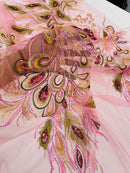 Peacock Feathers Lace Fabric - Pink - Peacock Feather Design on Lace Mesh Fabric Sold by Panel