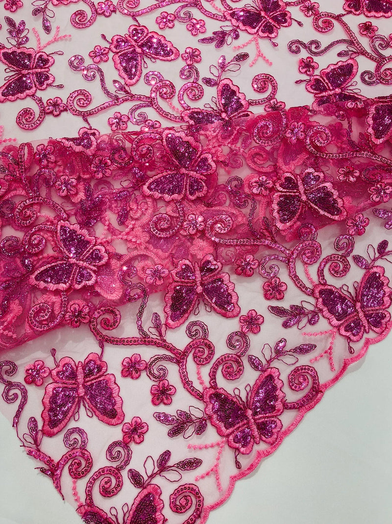 Butterfly Swirl Lace Fabric - Pink - Metallic Sequins Design on Lace Fabric By Yard