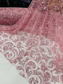 Beaded Swirl Design Fabric - Pink - Swirl Design with Beads and Sequins on Lace by Yard