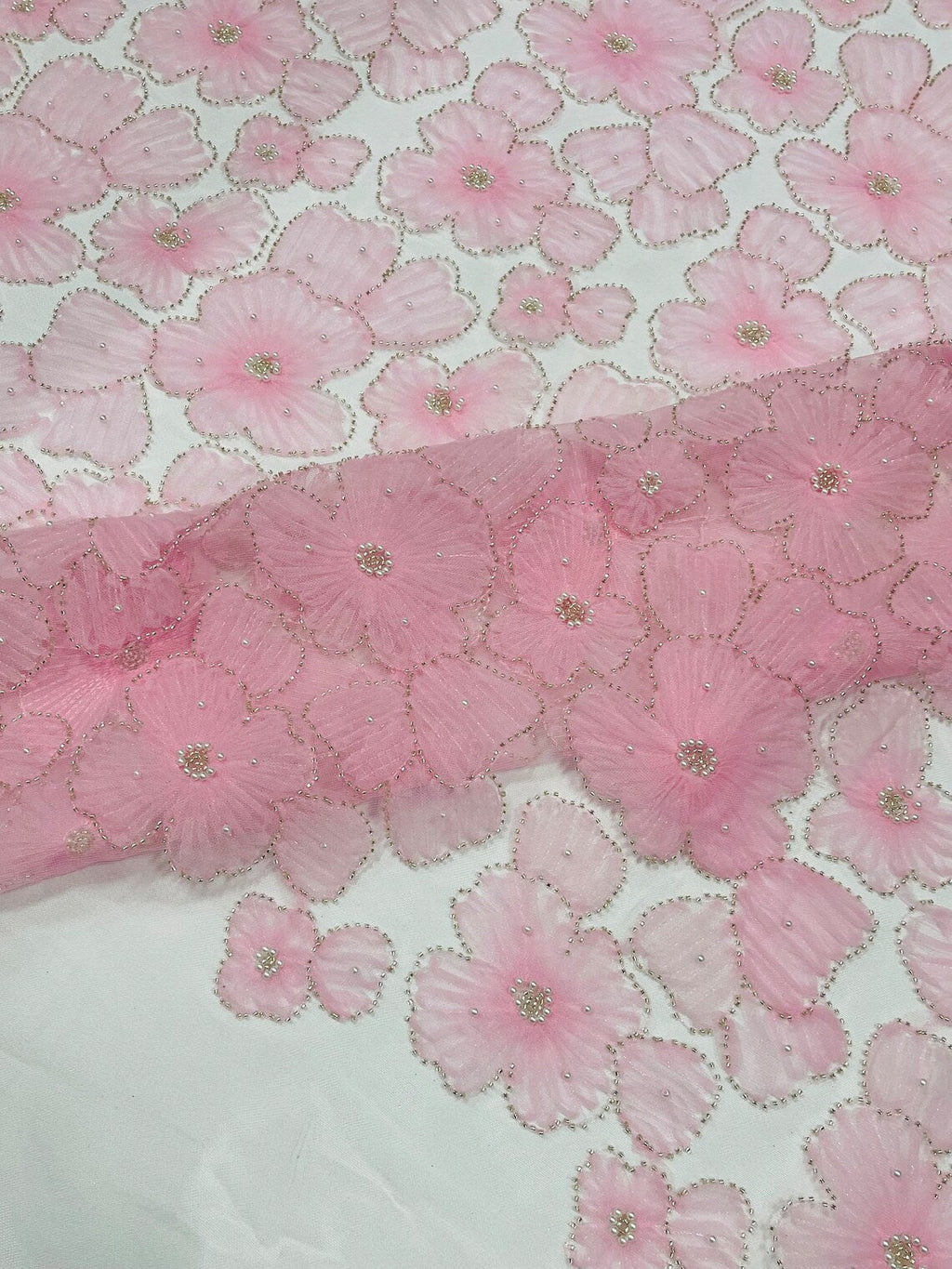3D Tulle Floral Fabric - Pink - Flowers Made on Mesh with Small Pearls and Beads Sold By Yard