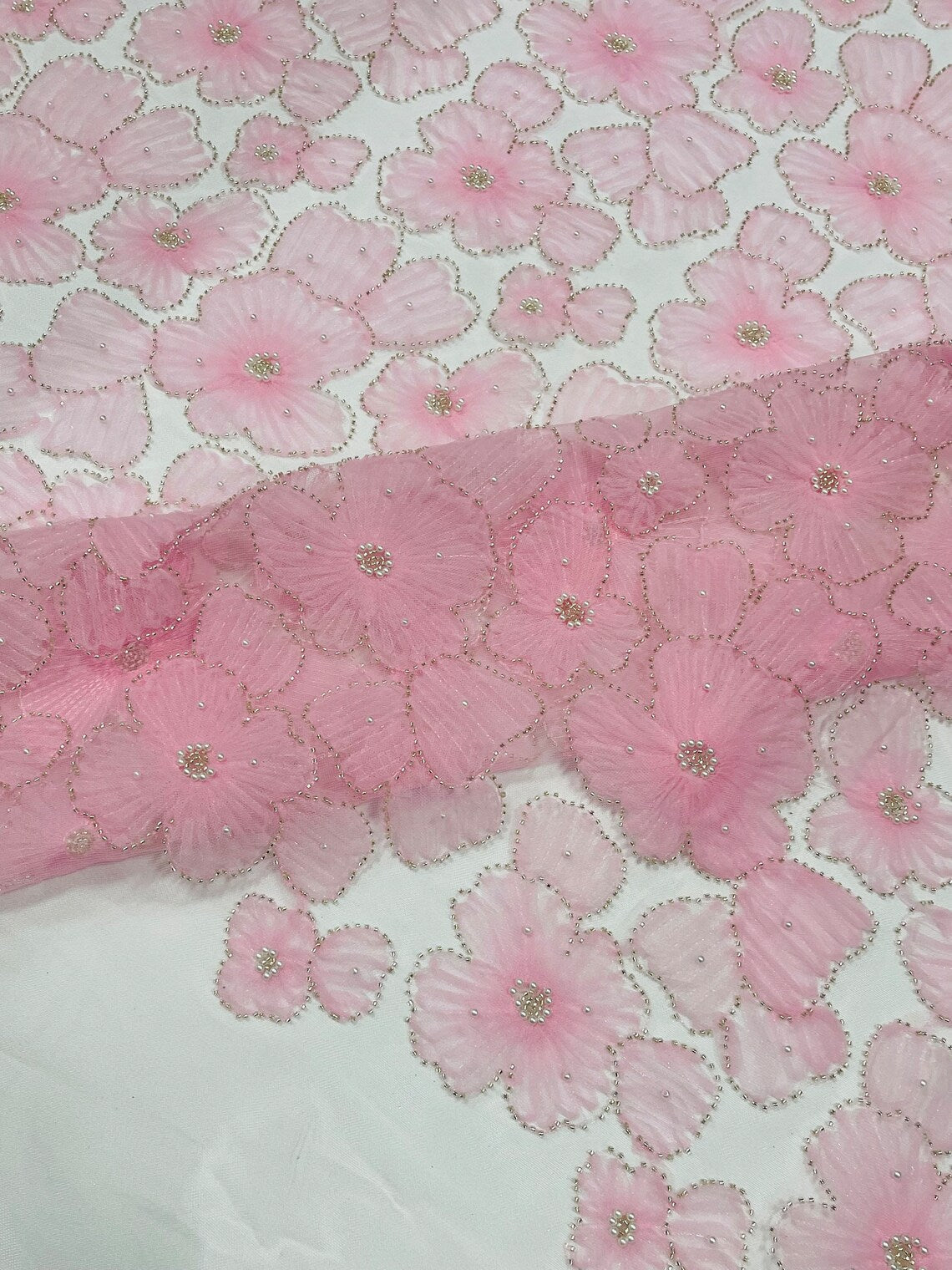 3D Tulle Floral Fabric - Pink - Flowers Made on Mesh with Small Pearls and Beads Sold By Yard