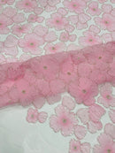 3D Tulle Floral Fabric - Pink - Flowers Made on Mesh with Small Pearls and Beads Sold By Yard