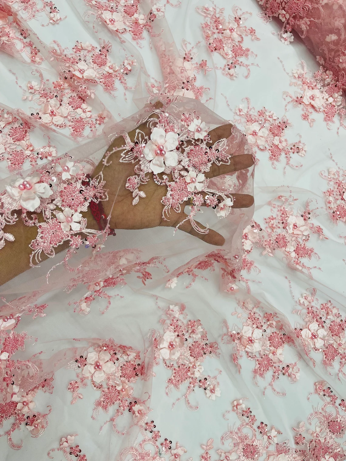 3D Flower Sequins Design - Pink - Embroidered Pearl Sequins Floral Clusters Lace Fabric By Yard
