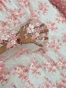 3D Flower Sequins Design - Pink - Embroidered Pearl Sequins Floral Clusters Lace Fabric By Yard