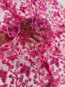 Butterfly Swirl Lace Fabric - Pink - Metallic Sequins Design on Lace Fabric By Yard