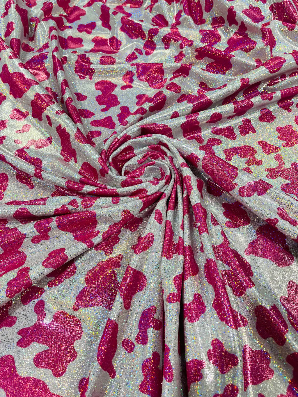 Cow Print Design Spandex - Pink - Holographic Print Poly Spandex 4 Way Stretch Fabric By Yard