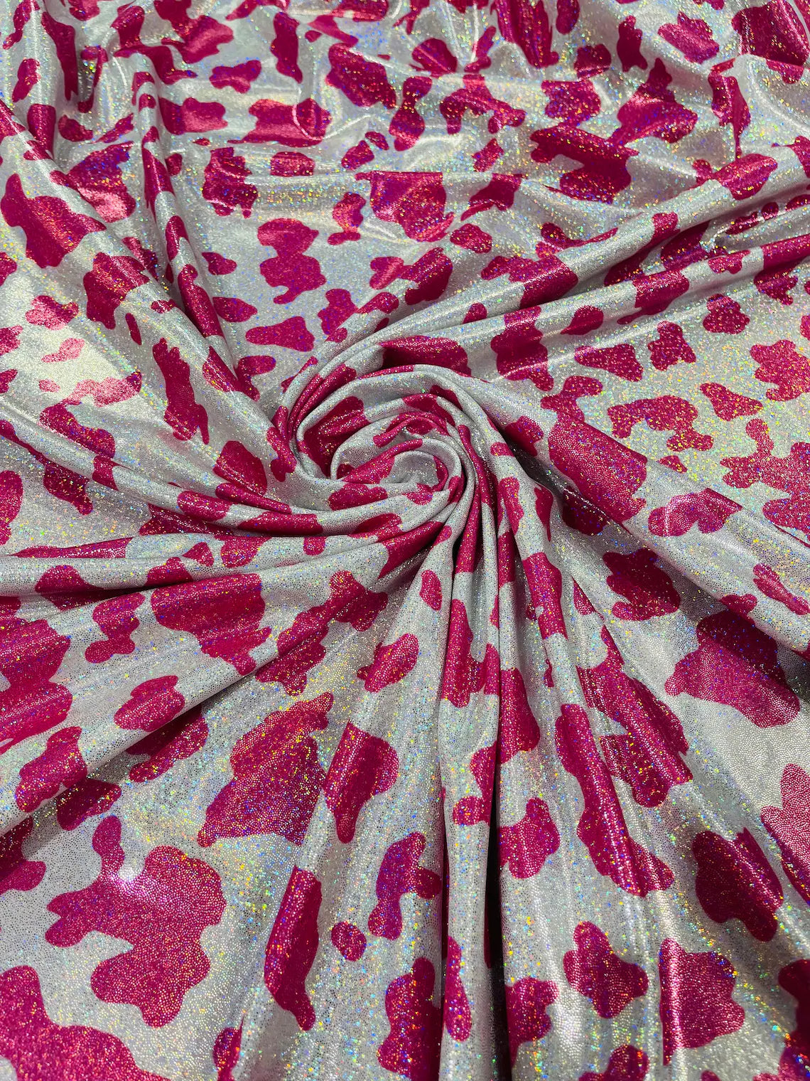 Cow Print Design Spandex - Pink - Holographic Print Poly Spandex 4 Way Stretch Fabric By Yard