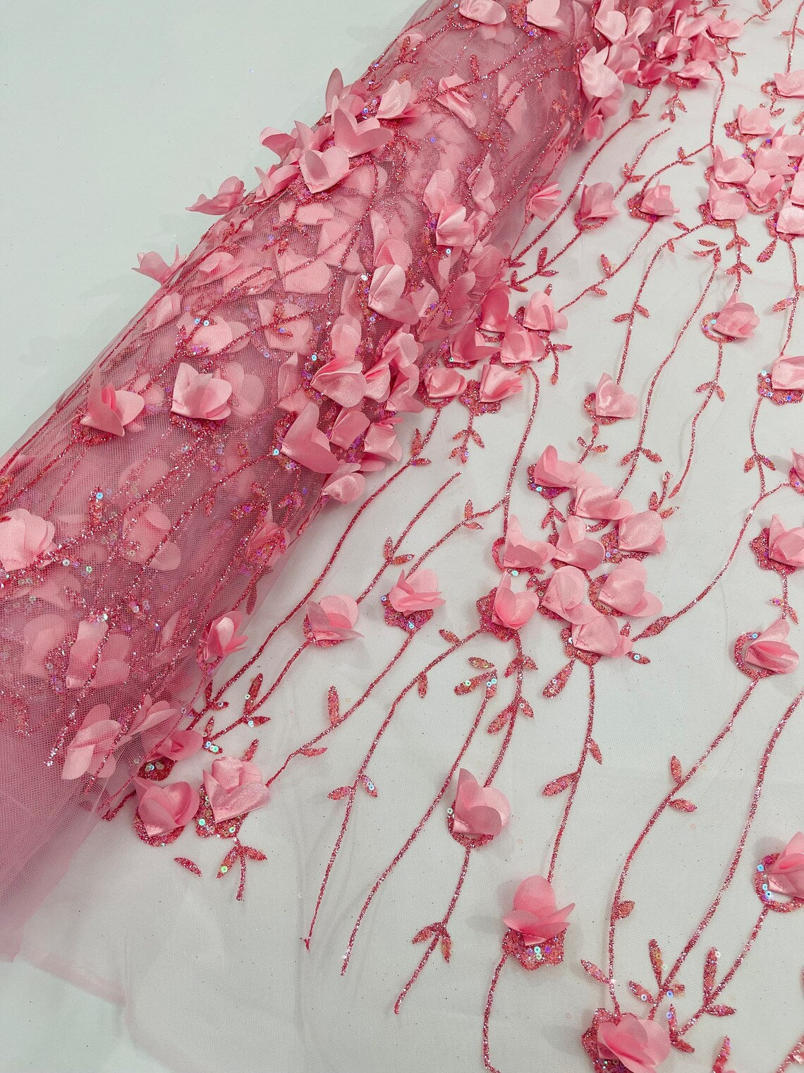 3D Glitter Floral Fabric - Pink - 3D Flowers with Sequins and Glitter on Mesh Sold By Yard