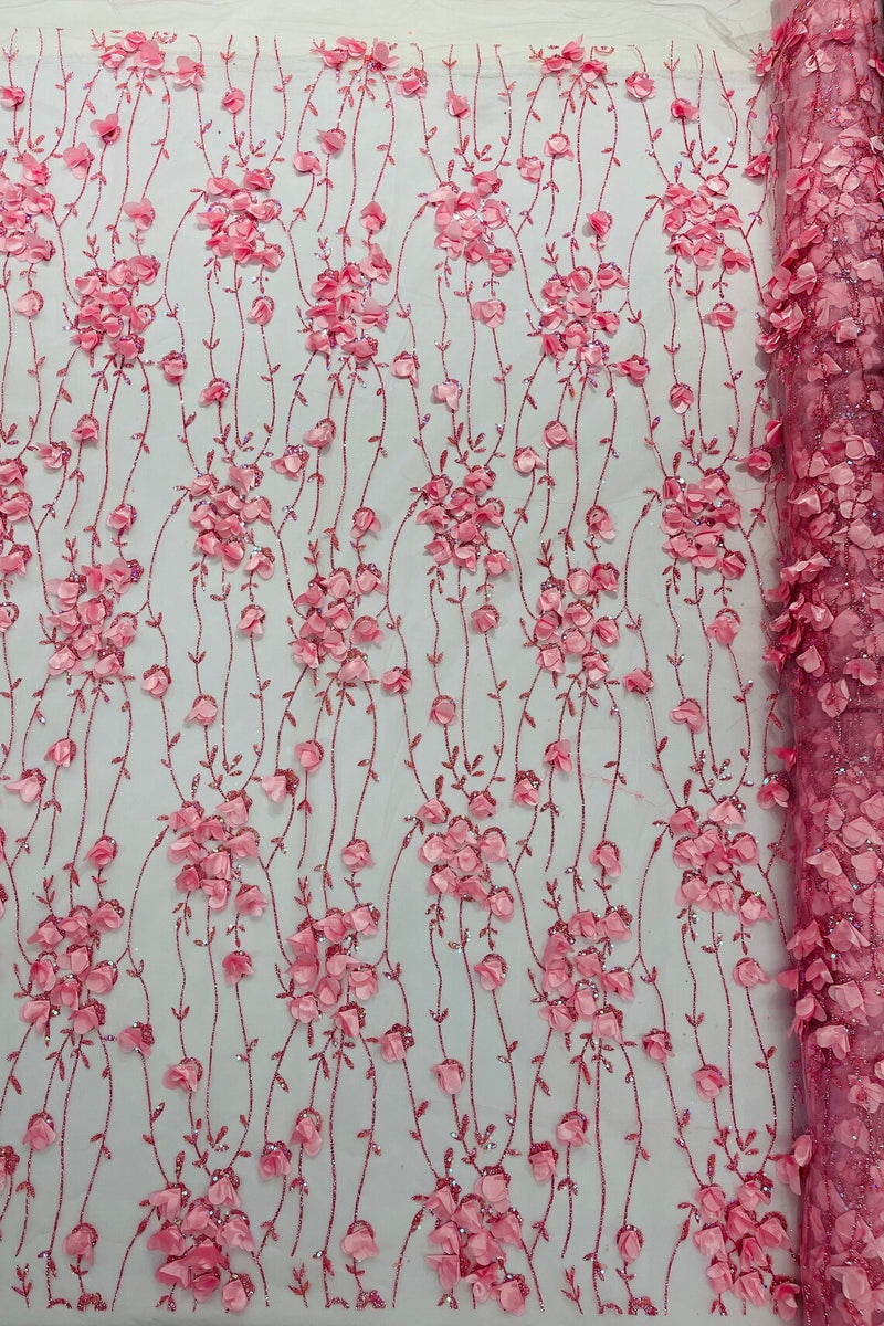 3D Glitter Floral Fabric - Pink - 3D Flowers with Sequins and Glitter on Mesh Sold By Yard