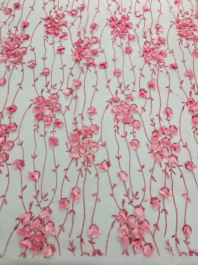 3D Glitter Floral Fabric - Pink - 3D Flowers with Sequins and Glitter on Mesh Sold By Yard