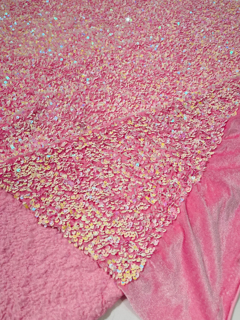 Stretch Velvet Sequins Fabric - Pink Iridescent - Velvet Sequins 2 Way Stretch 58/60” By Yard
