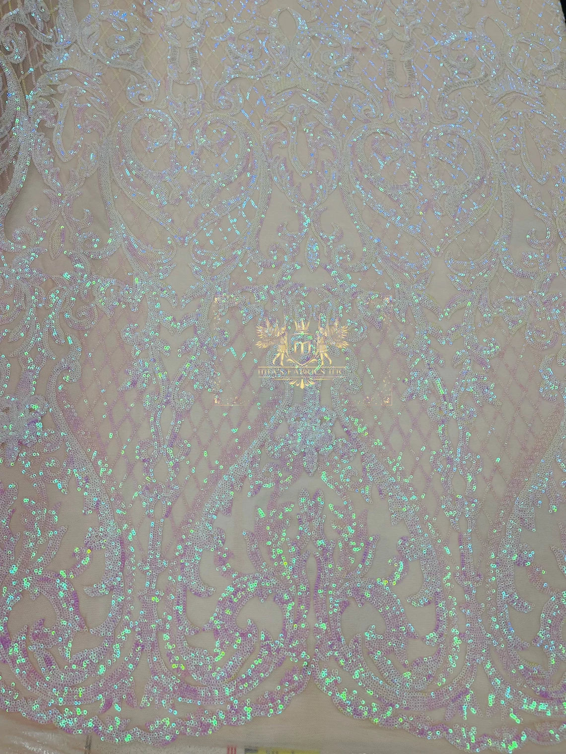 Heart Damask Sequins - Pink Iridescent - 4 Way Stretch Elegant Shiny Net Sequins Fabric By Yard