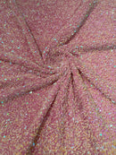 Stretch Velvet Sequins Fabric - Pink Iridescent - Velvet Sequins 2 Way Stretch 58/60” By Yard