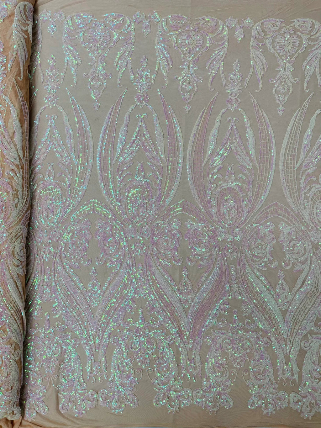 Big Damask Sequins Fabric - Pink Iridescent on Nude - 4 Way Stretch Damask Sequins Design Fabric By Yard