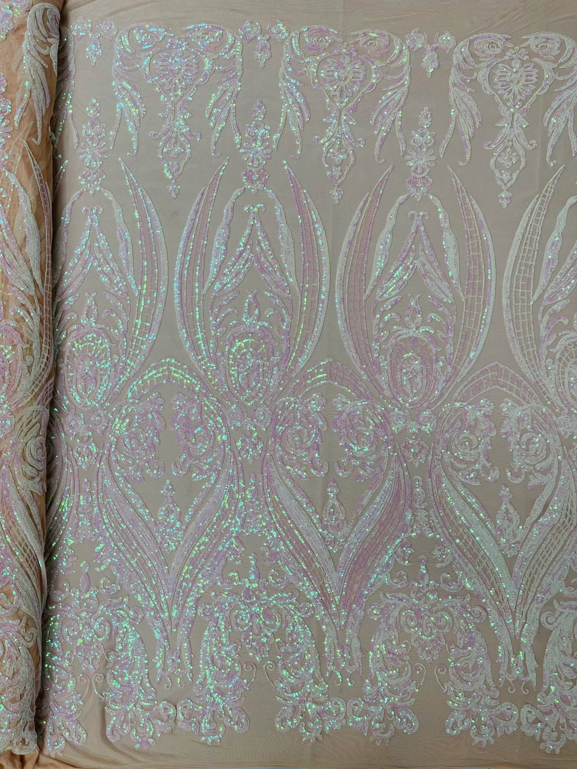 Big Damask Sequins Fabric - Pink Iridescent on Nude - 4 Way Stretch Damask Sequins Design Fabric By Yard