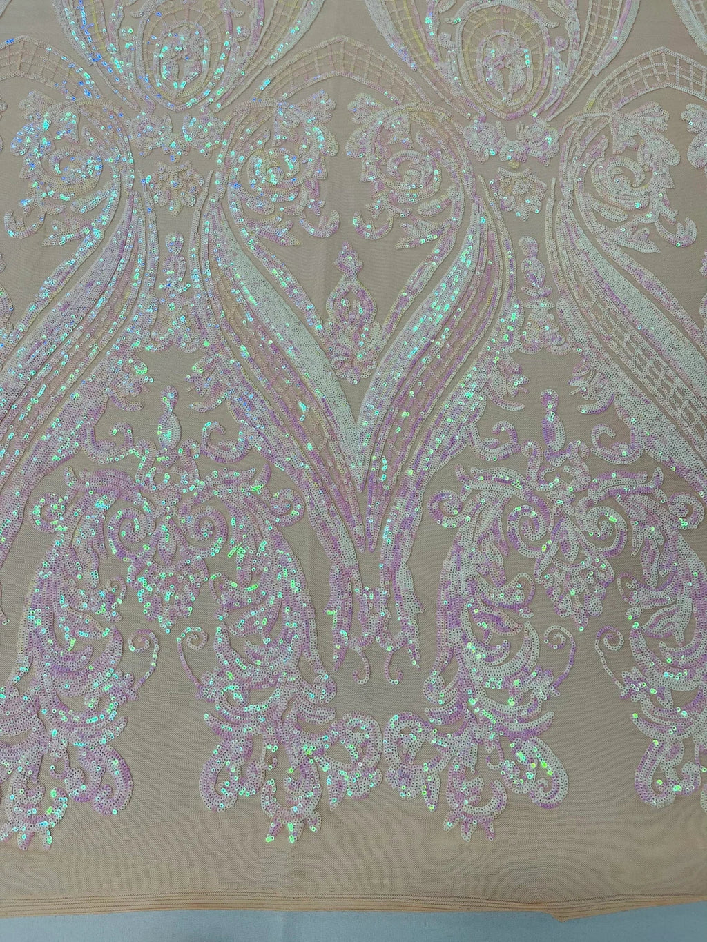 Big Damask Sequins Fabric - Pink Iridescent on Nude - 4 Way Stretch Damask Sequins Design Fabric By Yard