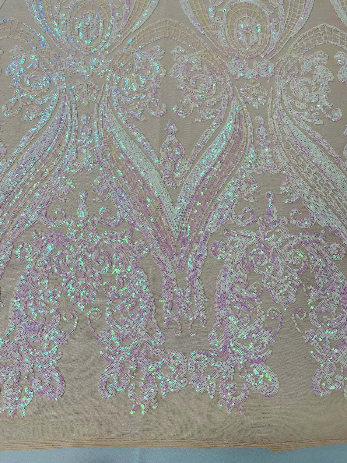 Big Damask Sequins Fabric - Pink Iridescent on Nude - 4 Way Stretch Damask Sequins Design Fabric By Yard