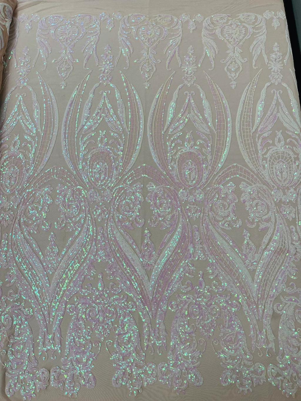 Big Damask Sequins Fabric - Pink Iridescent on Nude - 4 Way Stretch Damask Sequins Design Fabric By Yard