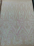 Big Damask Sequins Fabric - Pink Iridescent on Nude - 4 Way Stretch Damask Sequins Design Fabric By Yard