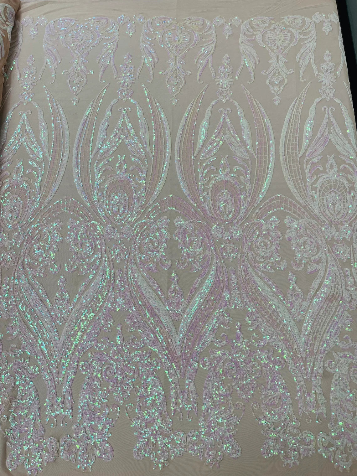 Big Damask Sequins Fabric - Pink Iridescent on Nude - 4 Way Stretch Damask Sequins Design Fabric By Yard