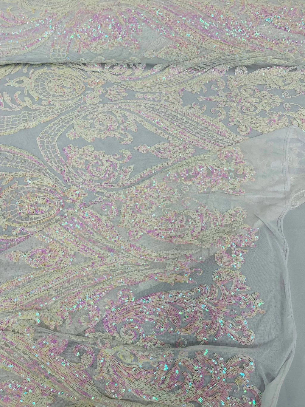 Big Damask Sequins Fabric - Pink Iridescent on White - 4 Way Stretch Damask Sequins Design Fabric By Yard