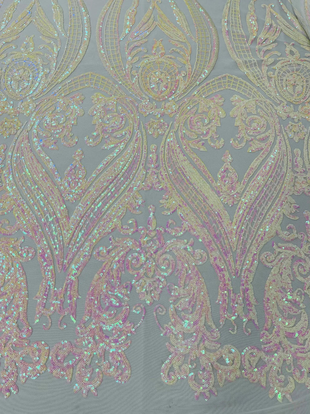 Big Damask Sequins Fabric - Pink Iridescent on White - 4 Way Stretch Damask Sequins Design Fabric By Yard