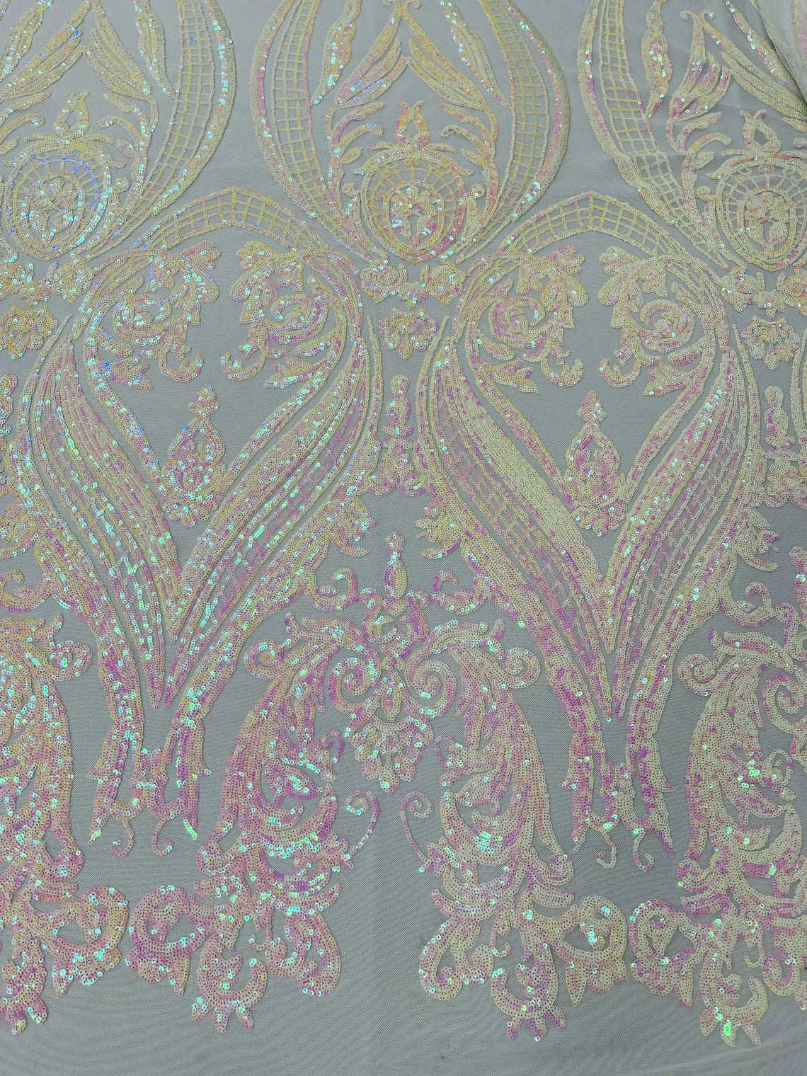 Big Damask Sequins Fabric - Pink Iridescent on White - 4 Way Stretch Damask Sequins Design Fabric By Yard
