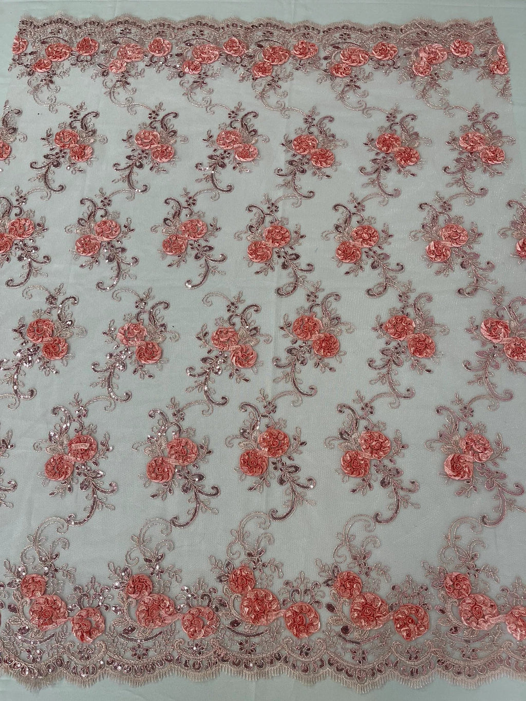 Flower Lace Fabric - Pink with Peach Flower - Embroidered Roses With Sequins on a Mesh Lace Fabric By Yard