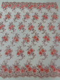 Flower Lace Fabric - Pink with Peach Flower - Embroidered Roses With Sequins on a Mesh Lace Fabric By Yard