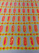 Fancy Gem Jewel Fabric - Pink / Yellow / Orange  - Geometric Stretch Sequins Design on Mesh By Yard