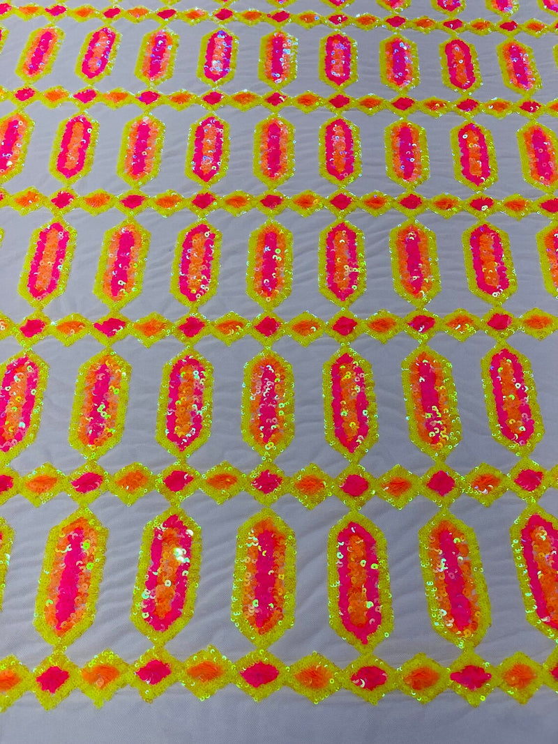Fancy Gem Jewel Fabric - Pink / Yellow / Orange  - Geometric Stretch Sequins Design on Mesh By Yard