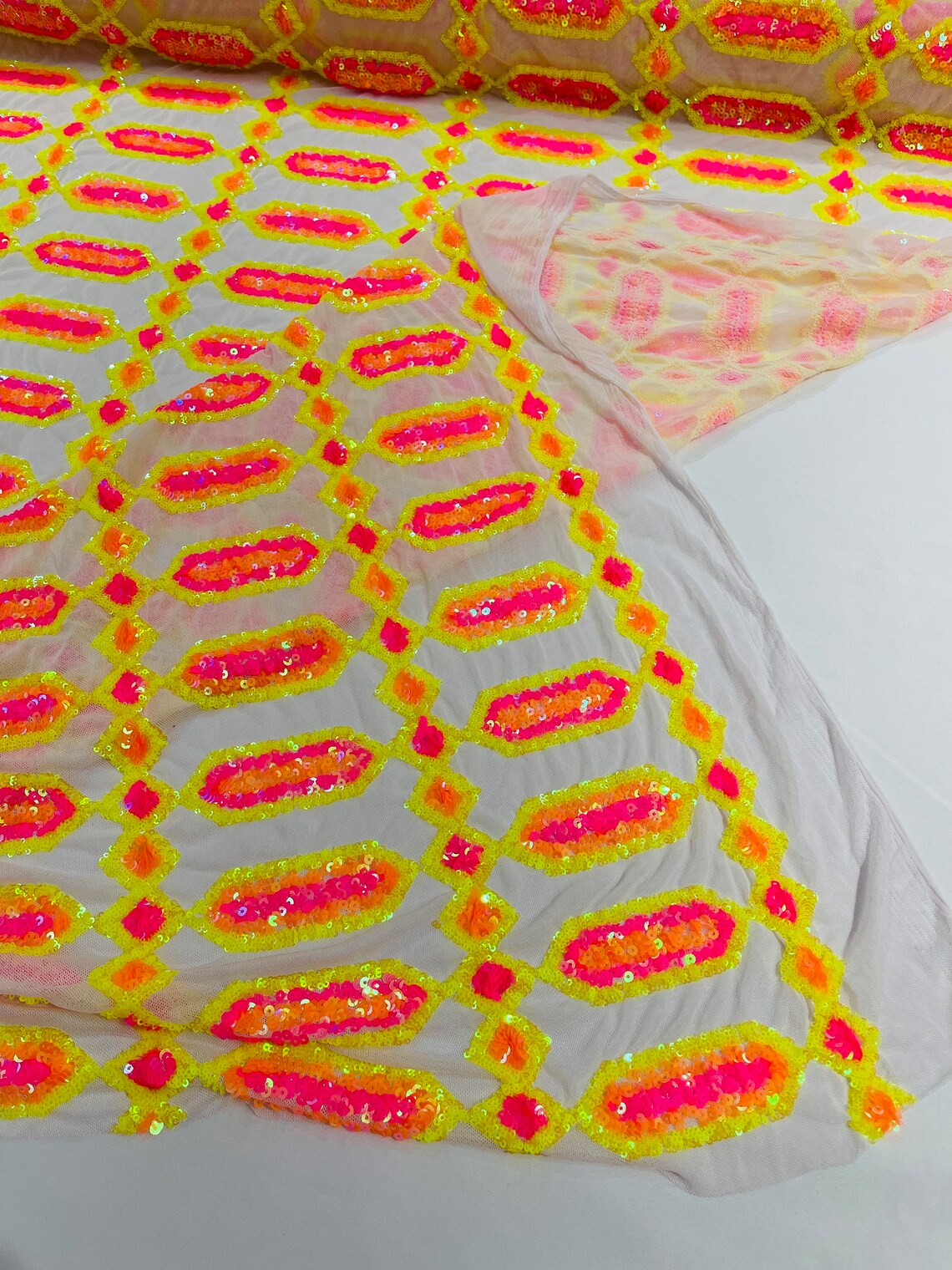 Fancy Gem Jewel Fabric - Pink / Yellow / Orange  - Geometric Stretch Sequins Design on Mesh By Yard