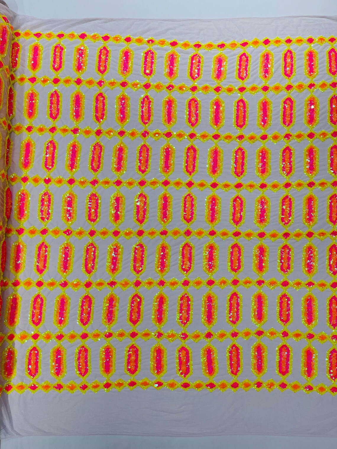Geometric Stretch Sequin - Fancy Gem Jewel Design on Mesh Pick Color - 25 Yard Roll