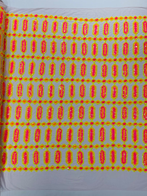 Fancy Gem Jewel Fabric - Pink / Yellow / Orange  - Geometric Stretch Sequins Design on Mesh By Yard