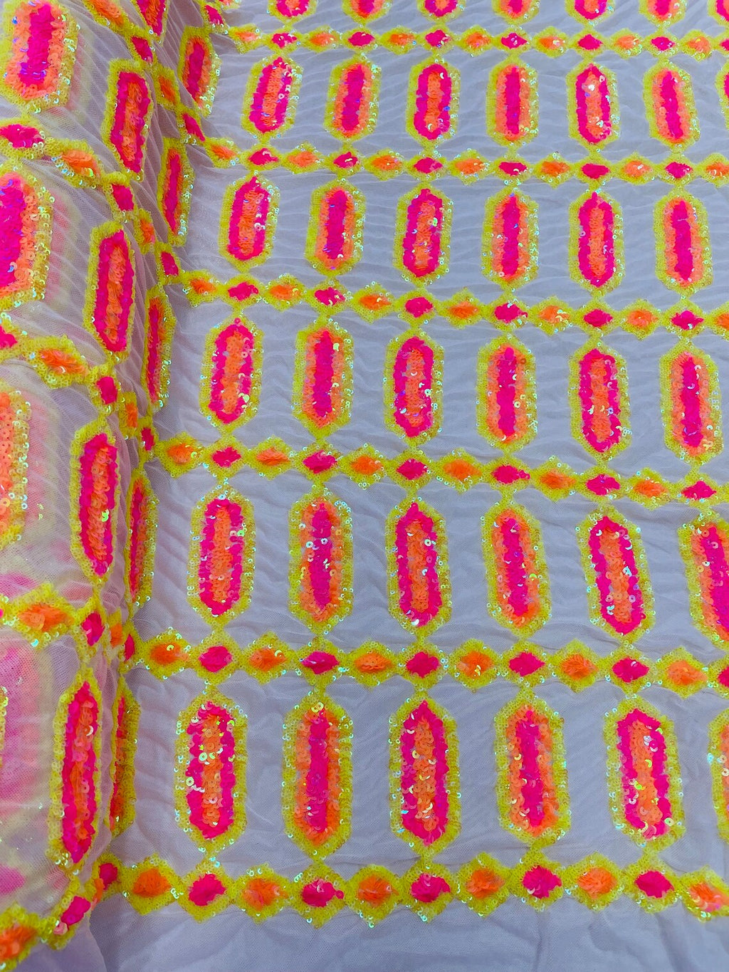 Fancy Gem Jewel Fabric - Pink / Yellow / Orange  - Geometric Stretch Sequins Design on Mesh By Yard