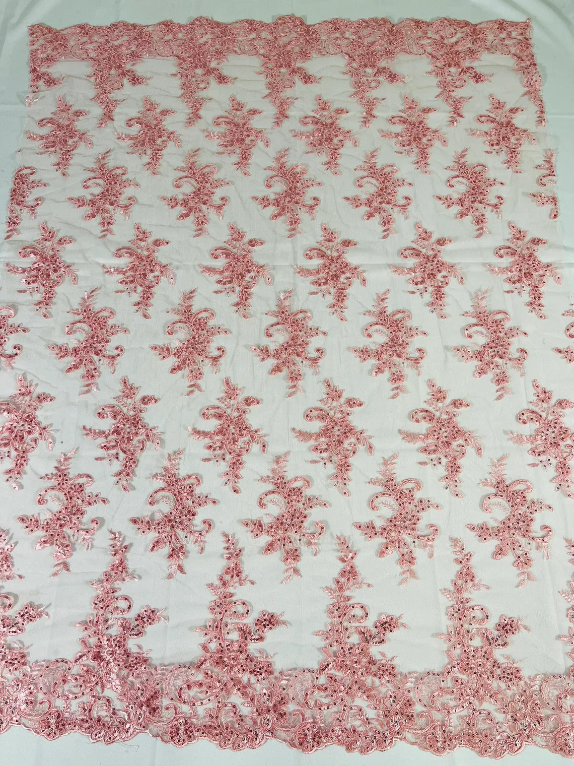 Lace Flower Cluster Fabric - Embroidered Flower With Sequins on a Mesh Lace Fabric - 25 Yard Roll
