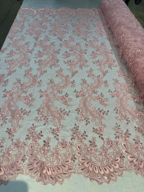 Lace Sequins Fabric - Corded Flower Embroidery Design Mesh Fabric - 25 Yard Roll