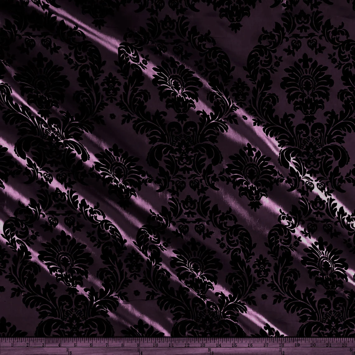 Flocked Taffeta Damask Design - Taffeta with Flocked Velvet Damask Design Sold By Yard