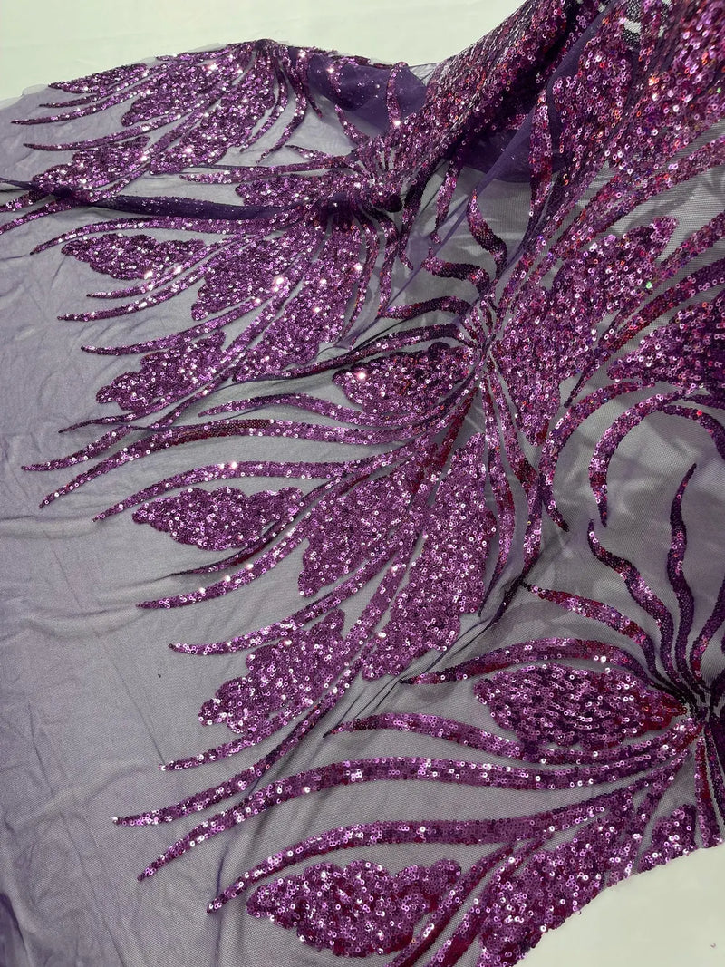 Wavy Leaf Sequins Fabric - Plum - Wavy Lines and Leaves Design on Lace Mesh Fabric by Yard