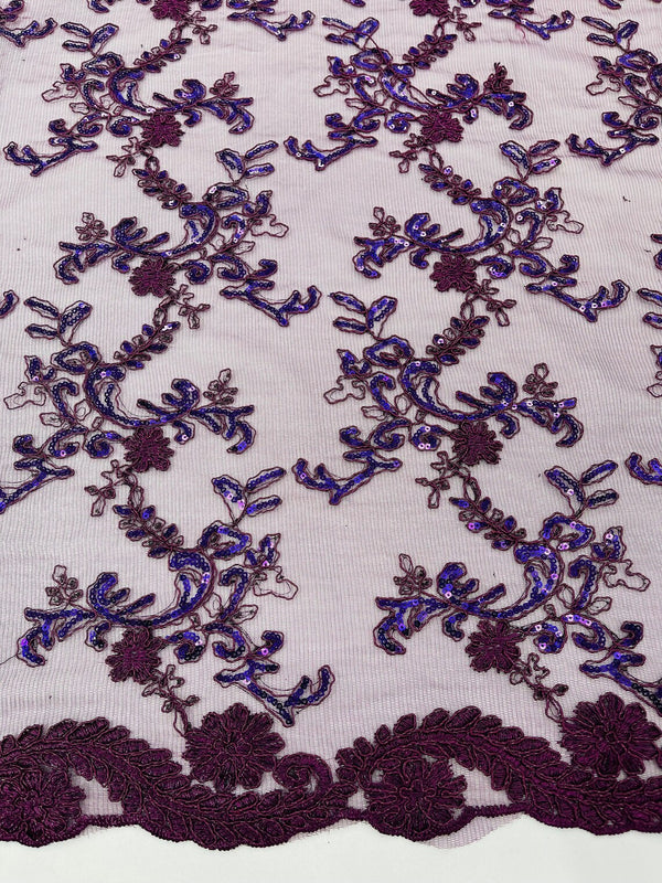 Floral Sequins Lace Fabric - Plum - Embroidery Flower Clusters Design with Shiny Sequins  Fabric Sold By Yard