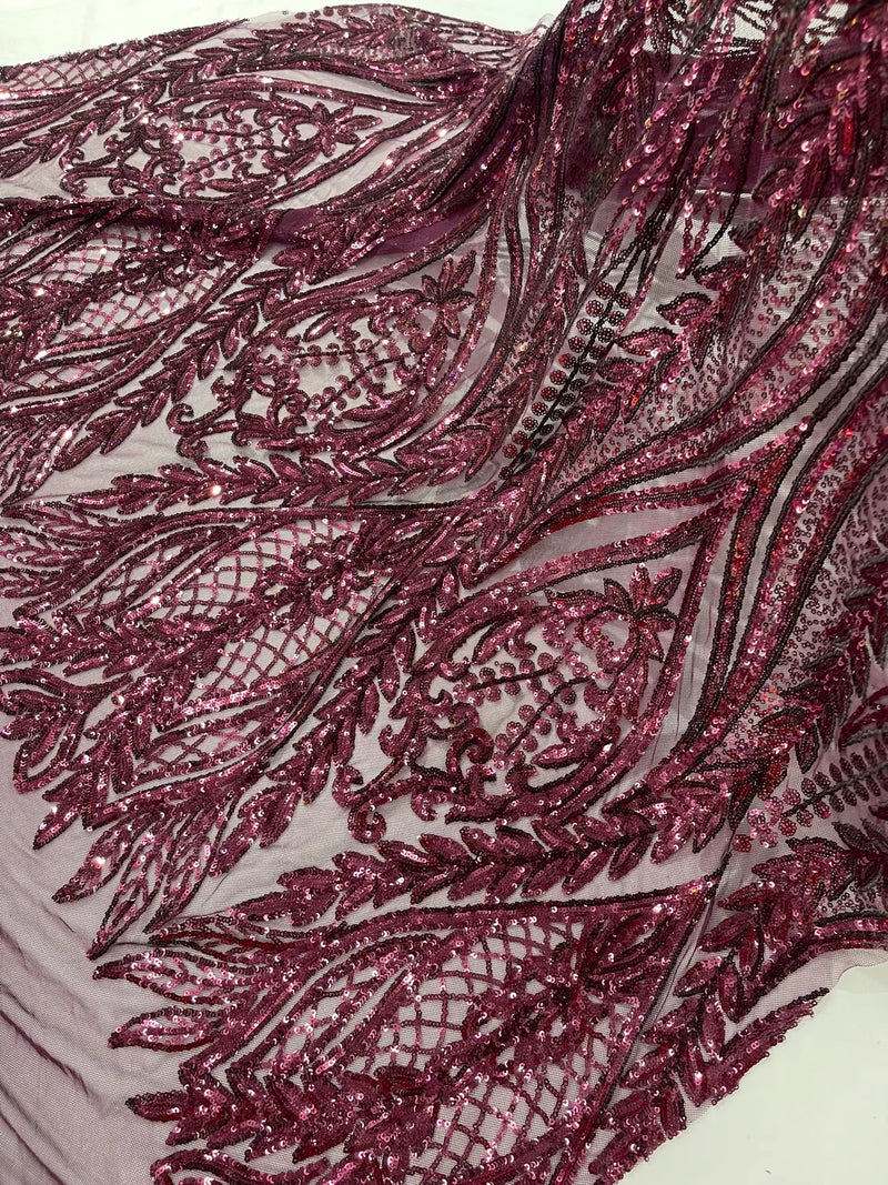 Mermaid Design Sequins Fabric - Plum - Sequins Fabric 4 Way Stretch on Mesh By Yard