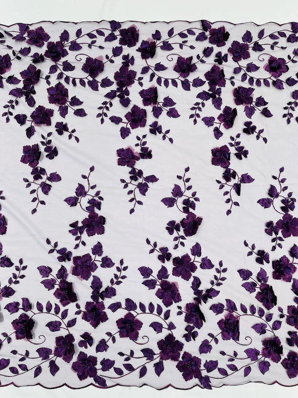 3D Floral Pearl Fabric - Plum - Embroidered Floral Pearl Fabric Double Border On Mesh By Yard